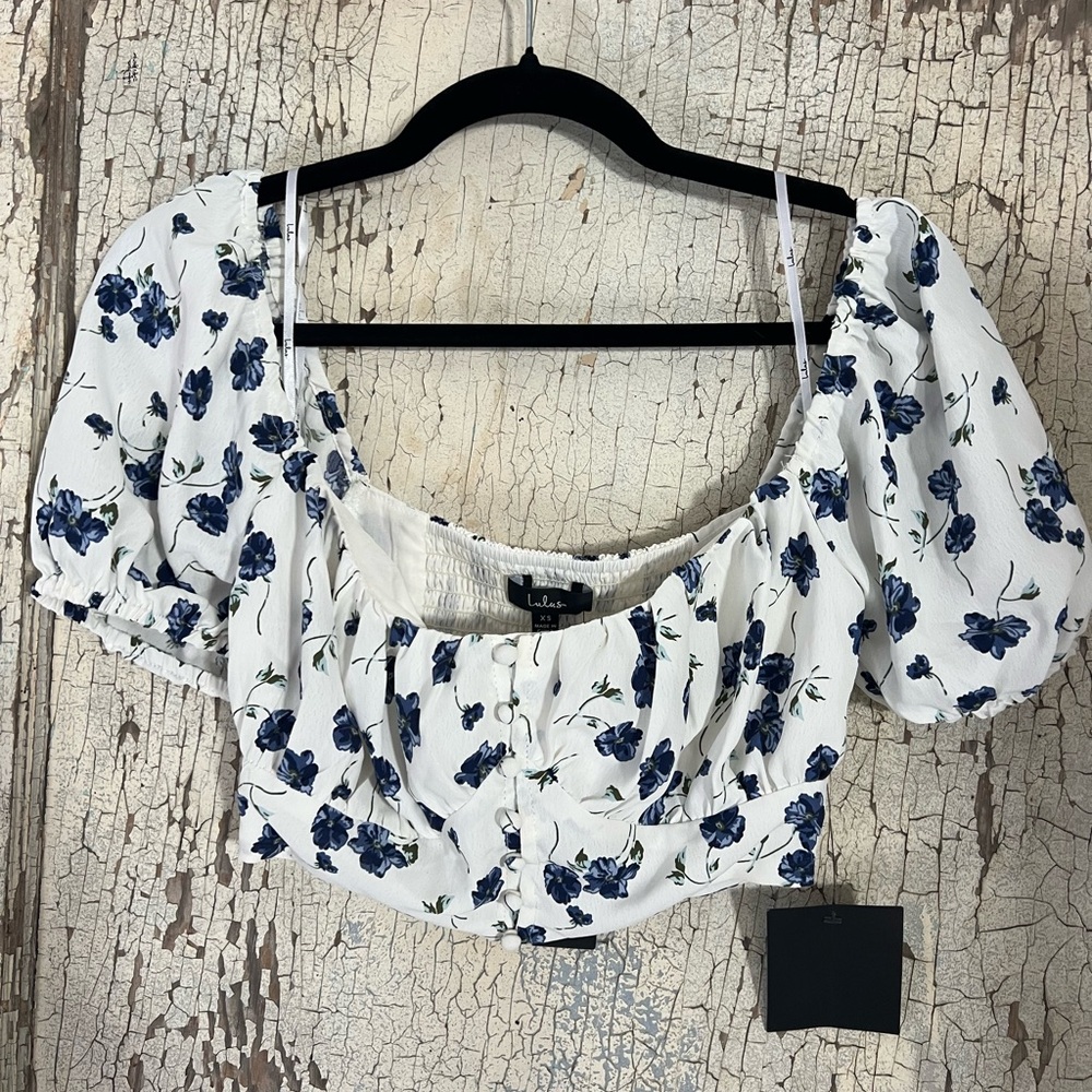 Lulu's White Crop Top with Navy Blue Floral Puff Sleeves